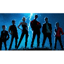 A group of six people in silhouette standing together against a bright blue lightning background.