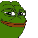 Pepe the Frog face looking sideways with a smug, knowing expression.