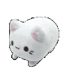 A small, white, plush-style cat jumping up and down repeatedly with a happy expression.