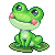 A small green frog with pink cheeks sitting peacefully on a green lily pad.