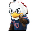Eagle mascot with a serious expression pointing forward with its wing.