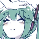 Hatsune Miku with teal hair receiving a gentle hand pat on her head with a happy expression.