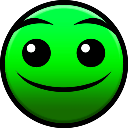 Green smiley face with a wide, blank grin and large black eyes.