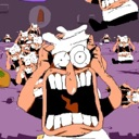 Peppino Spaghetti with a wild expression and wide eyes, holding his head in a state of extreme panic.