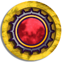 A red circular gear with a gold border and dark grey teeth.