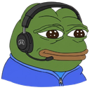 Pepe the Frog wearing a black headset and a blue hoodie with a focused expression.