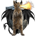 A cat with bat wings and a demon tail breathing a stream of fire.