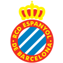 RCD Espanyol football club crest featuring a red circle, blue and white stripes, and a yellow crown.