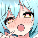 Anime girl with blue hair and a flushed, ecstatic facial expression.