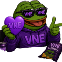 Pepe the Frog wearing sunglasses and a purple hoodie holds a purple heart while pointing and eating chips.
