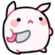 A small, round pink and white bunny holding a gray knife with a mischievous expression.