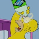 Homer Simpson pouring a bottle of bleach into his eyes in a state of distress.