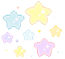 A horizontal arrangement of colorful pixelated stars in yellow, blue, and purple with small sparkles.