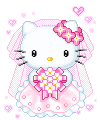 Hello Kitty wearing a wedding dress and holding a bouquet, cycling through expressions of happiness and crying.