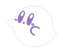 Kirby depicted as a small white ghost with purple eyes and a shy expression.