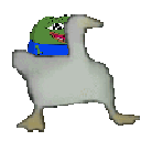 Pepe the Frog sitting on the back of a duck that is walking across the frame.