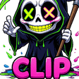 Grim reaper with neon eyes and a yellow grin giving a thumbs up with the word CLIP written below.