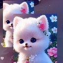 A fluffy white puppy with large eyes and pink flowers on its head.