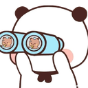 A cute white panda bear holding blue binoculars up to its eyes to look through them.