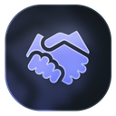 Handshake icon in light blue against a dark rounded square background.