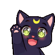 A cute black cat with a yellow crescent moon on its forehead waving its paw with a happy expression.