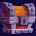 A stylized treasure chest with a gold lid and silver metal reinforcements.