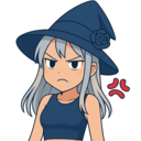 Aiko the witch with silver hair and a blue hat looking angry with a red vein symbol next to her head.
