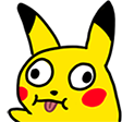 Pikachu with wide, uneven eyes and tongue sticking out in a goofy expression.