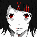 Juuzou Suzuya with red eyes and stitches blinks repeatedly in a black and white anime style.