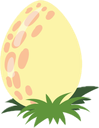 Dinosaur egg with spots resting in a patch of green grass.