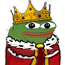 Pepe the Frog wearing a gold crown and a red royal robe with a smug smile.
