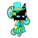 A dark-faced character wearing a blue top hat and coat surrounded by floating clocks.