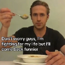 Ryan Gosling holds a spoon to his mouth while eating cereal with a serious expression and text overlay.