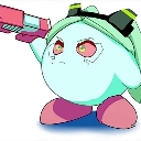 Kirby character styled as Rebecca from Cyberpunk holding a pink gun with a serious expression.