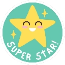 A smiling yellow star character with blushing cheeks inside a teal circle with the text Super Star.