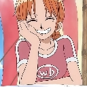 Nami from One Piece smiling broadly with her hand resting on her cheek.