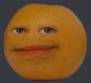Annoying Orange with a human face staring directly forward with a neutral, slightly judgmental expression.