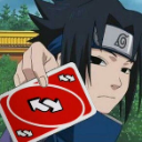 Sasuke Uchiha holding a red Uno reverse card towards the camera with a serious expression.