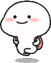 A cute white character with a backpack skipping happily.