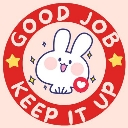 A cute white bunny inside a red circular badge with the text Good Job Keep It Up and yellow stars.