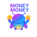 A cute blue and purple bug smiling while holding two gold coins with the text MONEY MONEY above it.