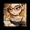 Anime girl with blonde hair and glasses writing in a notebook with a serious expression.