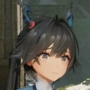 Anime girl with short dark hair and blue horns looking confused with a blank expression.