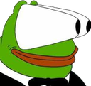 Pepe the Frog wearing a tuxedo with comically large, wide eyes staring intensely.