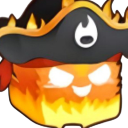 A fiery block character wearing a black pirate hat with a glowing white flame symbol and a mischievous grin.