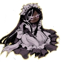 A dark-haired anime maid wearing a white frilly apron and dress with a serious expression.