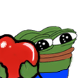 A green frog character with large, shiny eyes holding a bright red heart.