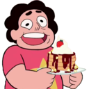 Steven Universe holding a plate of pancakes with a wide-eyed, nervous smile.