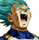 Vegeta with blue hair screaming with his mouth wide open in a pixel art style.