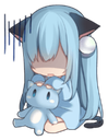 An anime cat girl with blue hair looking disappointed while holding a small blue plushie.